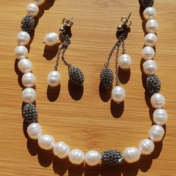 Honora Freshwater Pearl Swarovski Crystal Necklace Earrings Set 925 Sterling - Picture 1 of 6